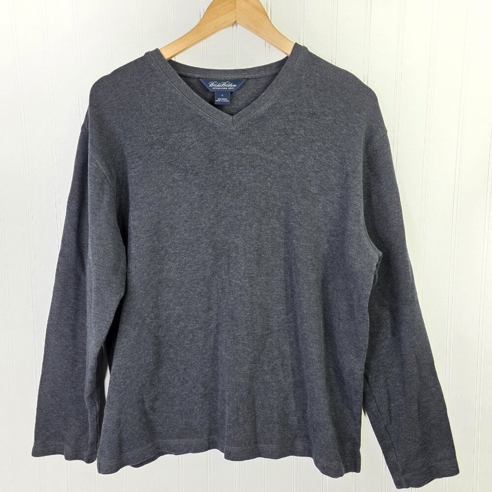 Brooks Brothers Sweater Mens Large Gray Cotton V Neck Knit Pullover Casual Top